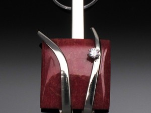 Pendant Square Red Coral with White CZ by A Fork in the Road